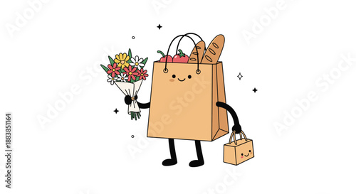 A cute cartoon grocery bag character holding a bouquet of flowers and another smaller shopping bag on a white background.