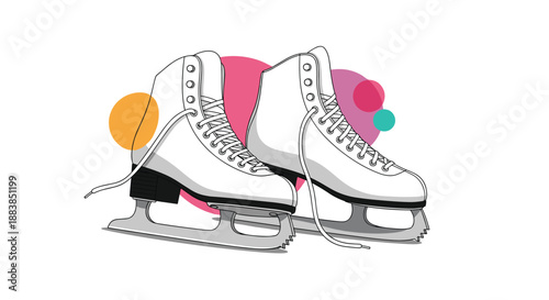 A continuous single line drawing of a pair of ice skates for figure skating with abstract colorful circles in the background.