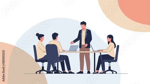 Business meeting with diverse team collaborating around a table with laptops