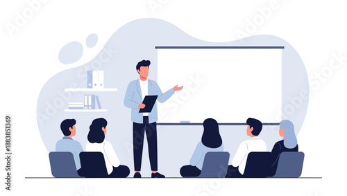 Business Meeting Presentation: Speaker Addressing Audience at Whiteboard