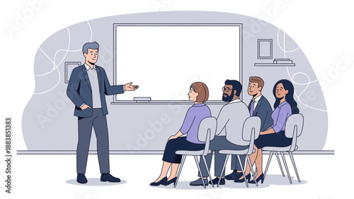 Business Meeting Presentation: Speaker Addressing Audience in Modern Office