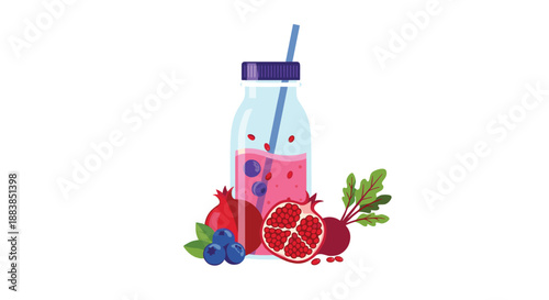 A healthy detox smoothie in a bottle with a straw made from pomegranate blueberries and beetroot on a white background.