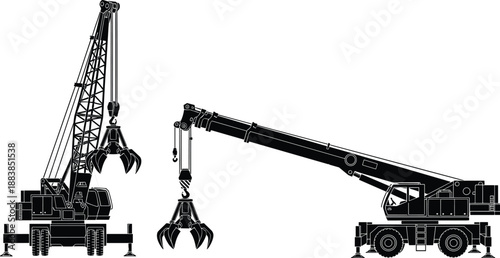 Collection, of, black, silhouettes, featuring, industrial, mobile, cranes, and, grab, machines, for, heavy, lifting, scrap, metal, construction, building, and, engineering, design.