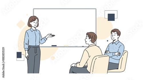 Business Meeting Presentation with Whiteboard and Attendees