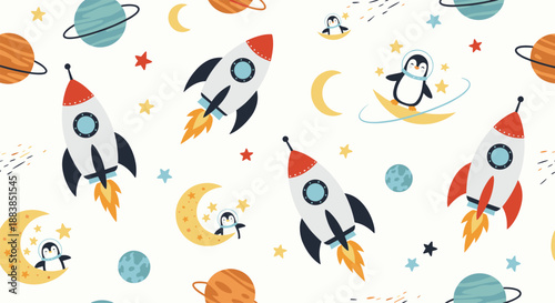 A seamless children's nursery pattern with cute cartoon penguins in space flying on rockets and surfing on the moon.