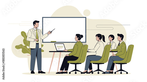 Business meeting presentation, training seminar with whiteboard and laptop, diverse team