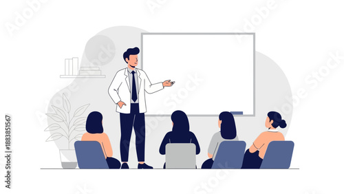 Business Meeting: Presenter at Whiteboard with Audience Listening
