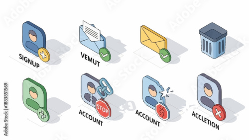 Isometric icons representing various stages of online account creation and verification.