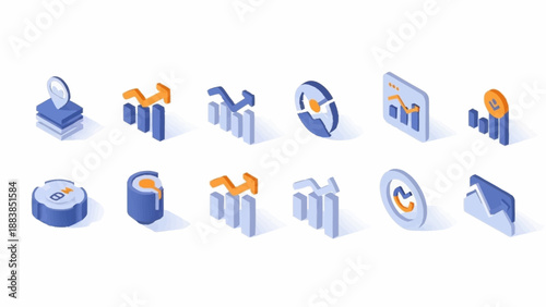 Collection of 3D rendered business and data analysis icons.