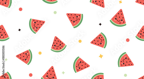 A cute and playful seamless pattern of smiling cartoon watermelon slices with colorful dots and stars on a white background.