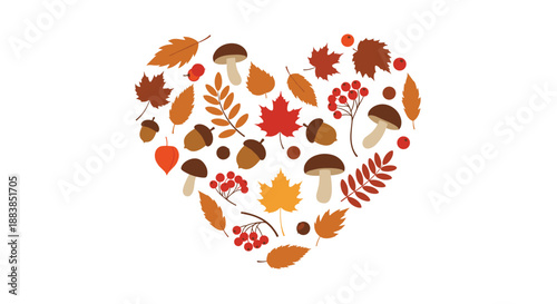 A lovely heart shape made from a collection of autumn elements including colorful leaves acorns mushrooms and rowan berries.