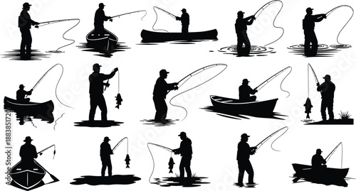 Collection, of, black, silhouettes, featuring, men, fishing, from, boats, canoes, and, shorelines, for, outdoor, recreation, angling, sports, and, nature, design.