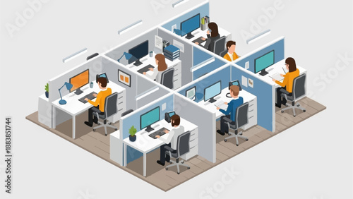Modern office interior with people working in cubicles.