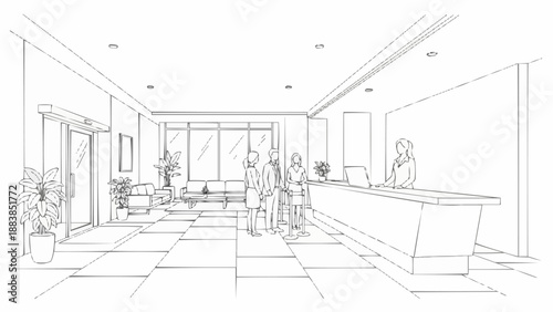 Modern Office Reception Area Sketch with People and Furniture.