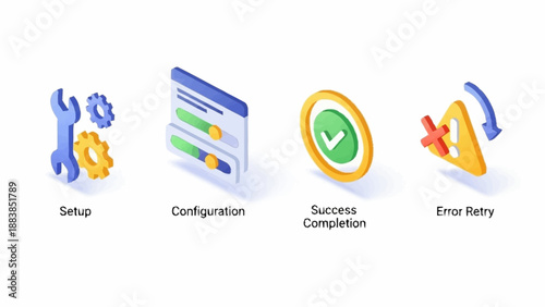 Four icons representing different stages of a process or system.