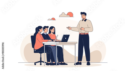 Business meeting: trainer teaching group of people in office, modern illustration