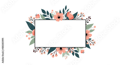 An elegant rectangular frame decorated with beautiful pink flowers dark green leaves and small berries for an invitation.