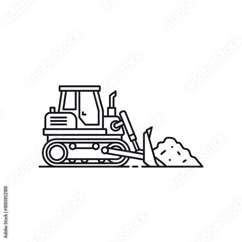 Bulldozer Icon. Heavy Construction Machinery Tracked Vehicle Moving Earth. Outline Vector Illustration.