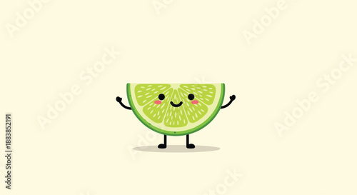 Adorable kawaii lime wedge character with a happy smiling face and little arms and legs on a plain light background.