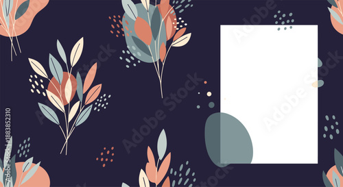 Modern abstract botanical background with stylized leaves and shapes in muted tones with a white frame for your text.