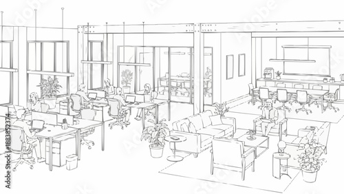 Modern office interior design sketch with workstations and lounge area.