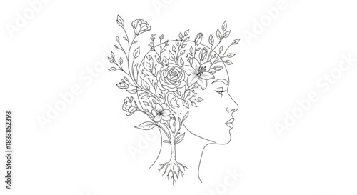 Woman's face with flowers in hair elegant line art illustration peaceful expression floral crown minimalistic style white background