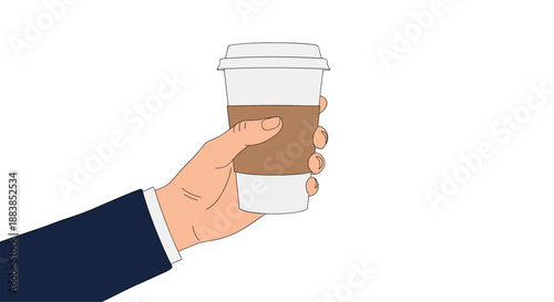 Minimalist illustration of a hand in a business suit sleeve holding a disposable paper coffee cup with a lid.