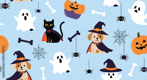 Cute and festive seamless Halloween pattern with cartoon ghosts black cats and dogs in costumes on a blue background.