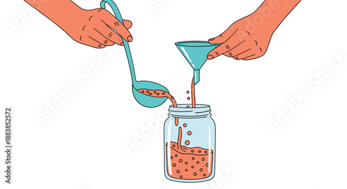 Step-by-step illustration of hands canning homemade jam or preserves using a ladle and funnel to fill a glass jar.
