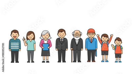 Group of diverse people representing different ages and occupations standing in a line from children to senior citizens.
