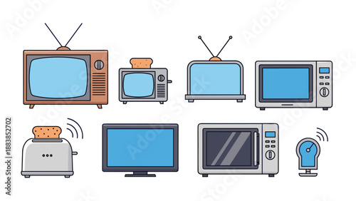 Diverse collection of household technology including vintage and modern televisions, microwave ovens, and kitchen toasters.