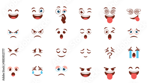 Comprehensive set of simple emoji faces representing many different human emotions from joy to anger and confusion.