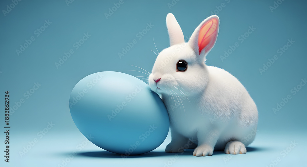 Fototapeta premium Easter bunny with giant blue egg on light blue background