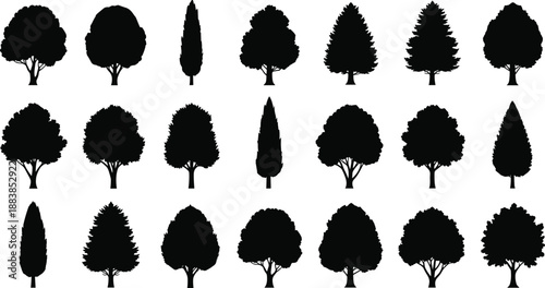 Collection, of, black, tree, silhouettes, featuring, diverse, species, like, oak, pine, cypress, and, maple, for, landscaping, architectural, and, nature, design.