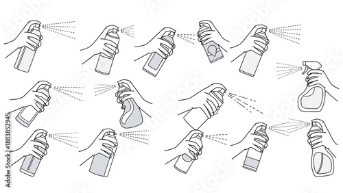 Collection of hand-drawn illustrations showing different ways to hold and use spray cans for cleaning products or paint applications.