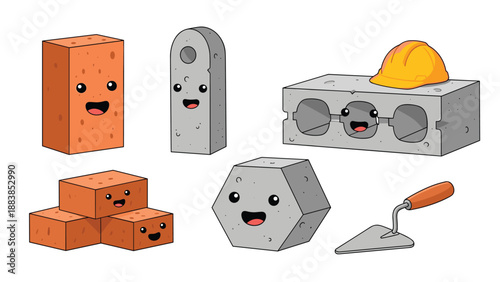 Whimsical collection of construction material characters including bricks and concrete blocks with smiling faces and a toy appearance.