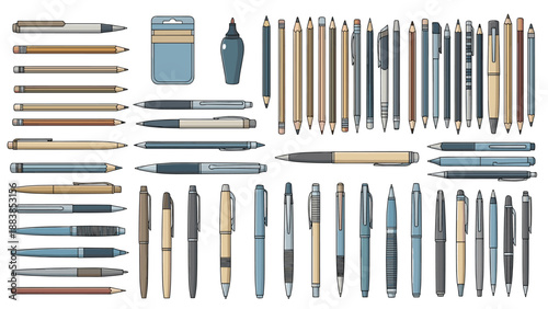 Large assortment of writing instruments including various pens, pencils, and markers organized by style and color on a white background.