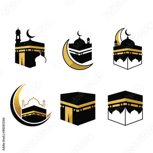 Islamic Kaaba Mosque Icons Black Gold Crescent Moon, Mecca Pilgrimage Faith Symbol, Modern Minimalist Vector Graphics for Ramadan Eid