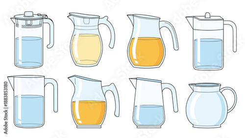 Set of glass water and juice pitchers shown with various levels of liquid and different handle designs on a white background.