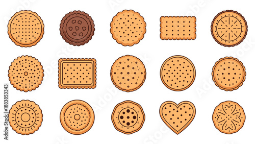 Assorted collection of various biscuits and cookies featuring different shapes, textures, and patterns for sweet snack illustrations.