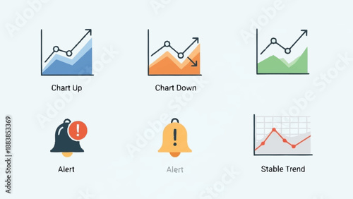 Set of business chart and alert icons for data analysis and notification.