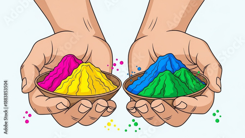 Hands holding bowls of colorful powder vibrant Holi festival pigments for celebration and cultural events isolated on white