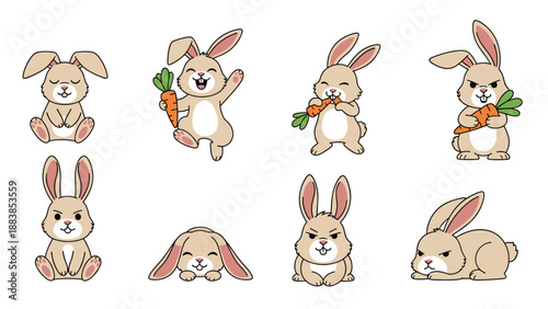 Character studies of a cute rabbit in various poses and expressions like eating a carrot, dancing, and sleeping on white.