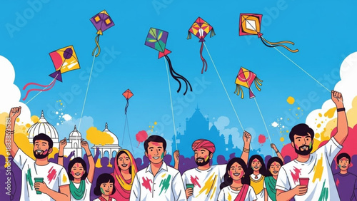 Diverse group of people celebrating a kite festival with colorful kites flying in a bright blue sky over traditional Indian architecture representing joy and cultural tradition