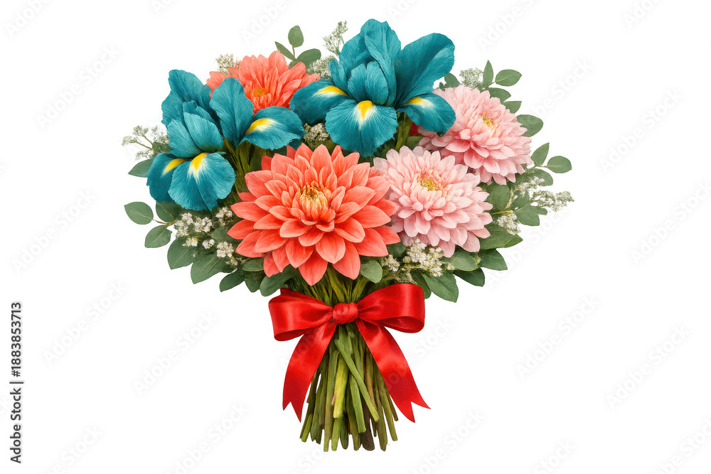 Obraz premium Bouquet of vibrant dahlias and irises with a red ribbon, celebrating special occasions, isolated on transparent background