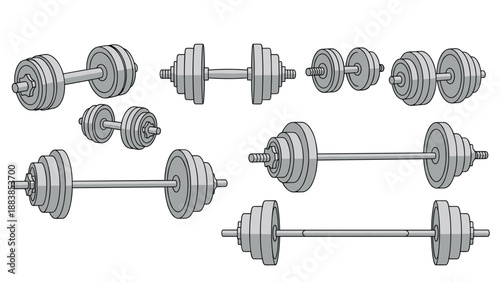 Assortment of gray metallic dumbbells and barbells for weightlifting strength training and gym equipment illustrations.