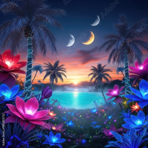 A vibrant, surreal landscape featuring glowing flowers and palm trees at twilight.