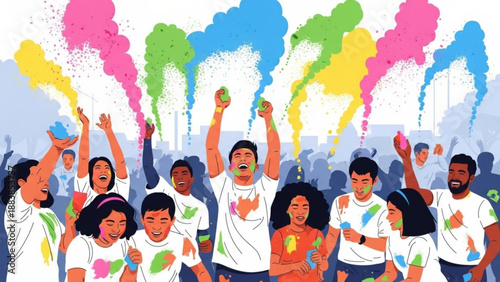 Diverse group of people celebrating Holi festival with colorful powder joyful outdoor event vibrant cultural tradition for festivals and celebrations