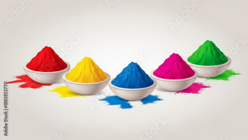 Vibrant Holi powder in bowls colorful celebration concept festival of colors isolated on white background