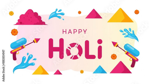 Happy Holi greeting card with colorful powder water guns and abstract shapes celebrating the Indian festival of colors with vibrant flat design elements